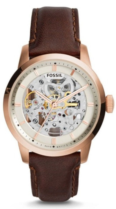 Fossil Townsman Automatic Skeleton White Dial Brown Leather Strap Watch for Men - ME3078