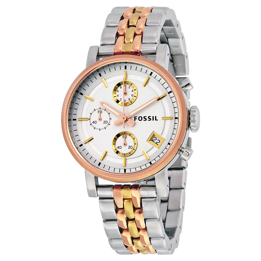 Fossil Boyfriend Chronograph White Dial Two Tone Steel Strap Watch for Women - ES3840