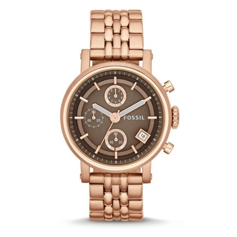 Fossil Boyfriend Chronograph Brown Dial Rose Gold Steel Strap Watch for Women - ES3494