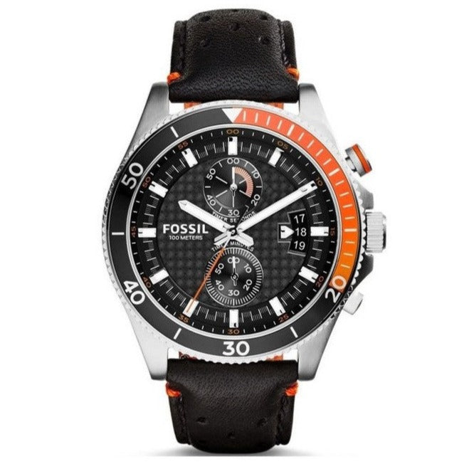 Fossil Wakefield Chronograph Black Dial Black Leather Strap Watch for Men - CH2953