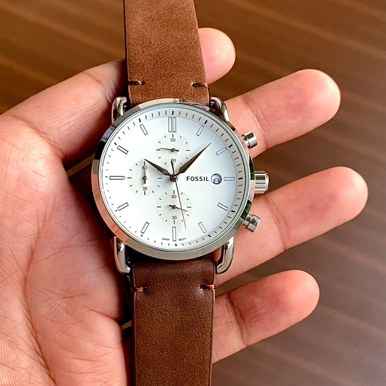 Fossil The Commuter Chronograph White Dial Brown Leather Strap Watch for Men - FS5402