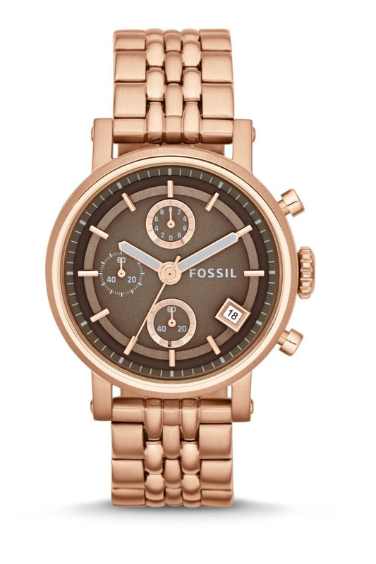 Fossil Boyfriend Chronograph Brown Dial Rose Gold Steel Strap Watch for Women - ES3494