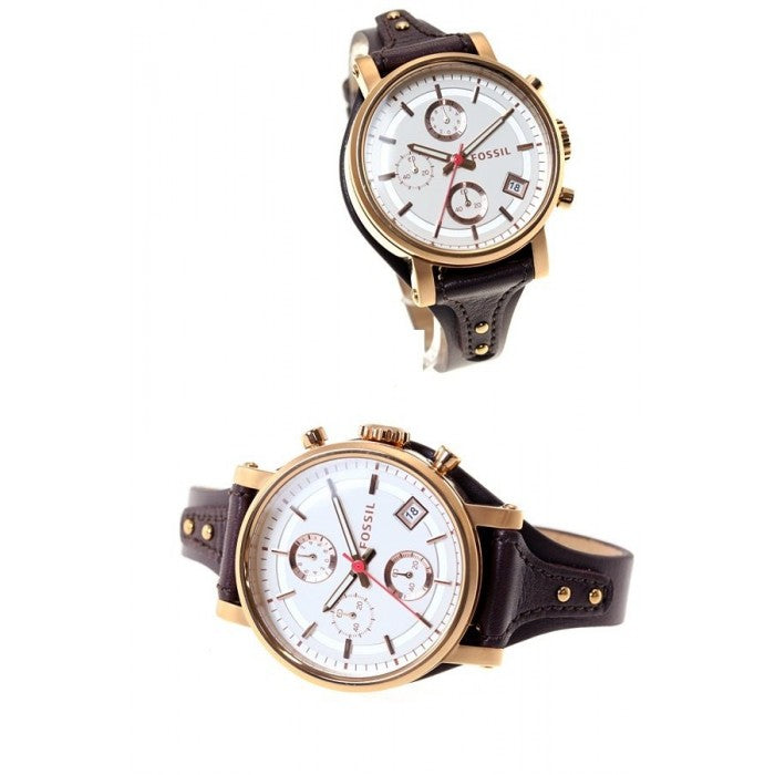 Fossil Boyfriend White Dial Brown Leather Strap Watch for Women - ES3616