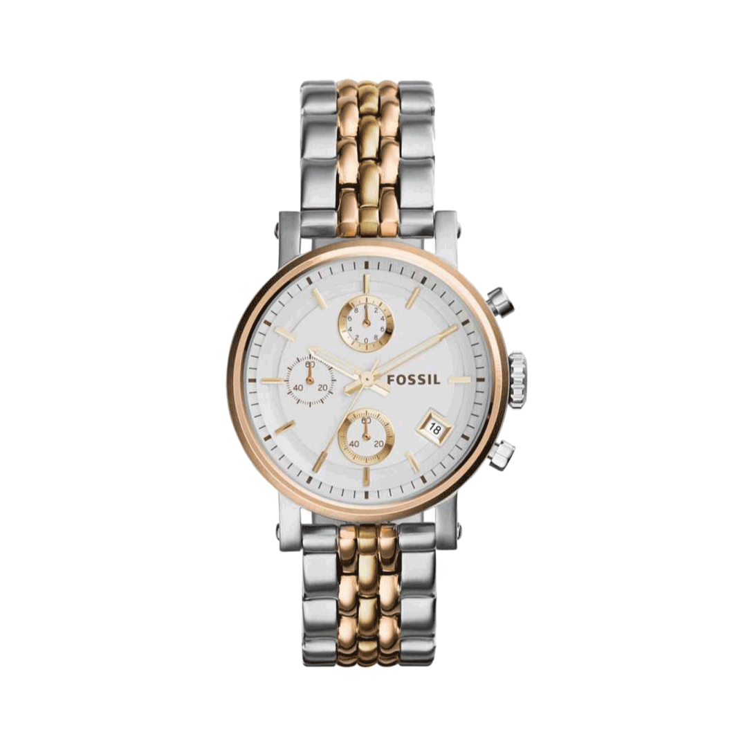 Fossil Boyfriend Chronograph White Dial Two Tone Steel Strap Watch for Women - ES3840