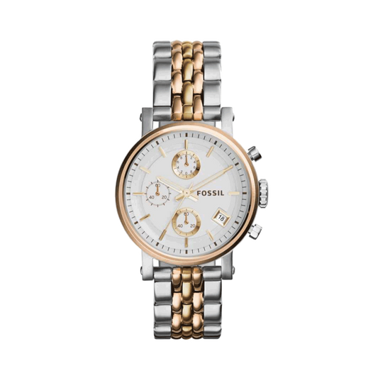 Fossil Boyfriend Chronograph White Dial Two Tone Steel Strap Watch for Women - ES3840