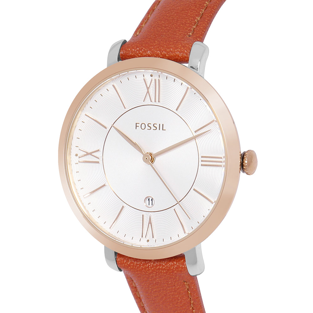 Fossil Jacqueline White Dial Brown Leather Strap Watch for Women - ES3842