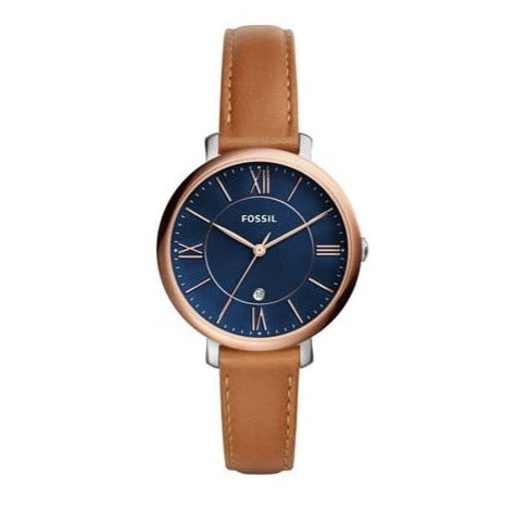 Fossil Jacqueline Date Luggage Blue Dial Brown Leather Strap Watch for Women - ES4274