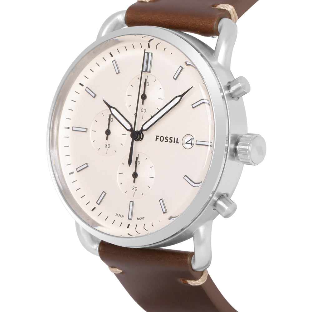 Fossil The Commuter Chronograph White Dial Brown Leather Strap Watch for Men - FS5402