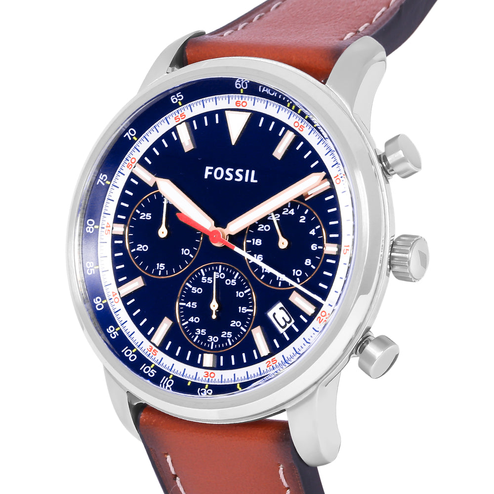 Fossil Goodwin Chronograph Blue Dial Brown Leather Strap Watch for Men - FS5414