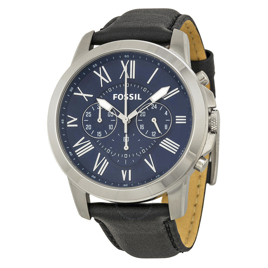 Fossil Grant Chronograph Blue Dial Black Leather Strap Watch for Men - FS4990