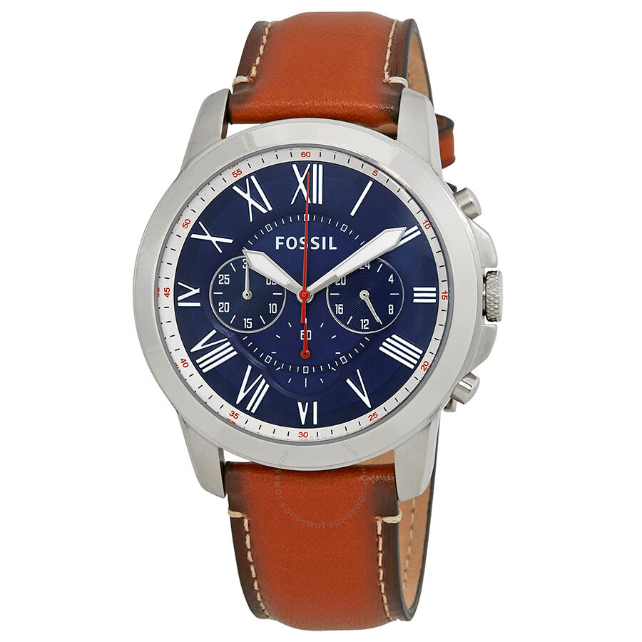 Fossil Grant Chronograph Blue Dial Brown Leather Strap Watch for Men - FS5210