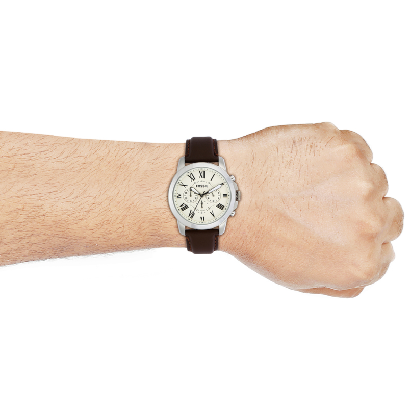 Fossil Grant Chronograph Beige Dial Brown Leather Strap Watch for Men - FS4735