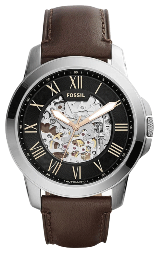 Fossil Grant Automatic Skeleton Black Dial Brown Leather Strap Watch for Men - ME3100