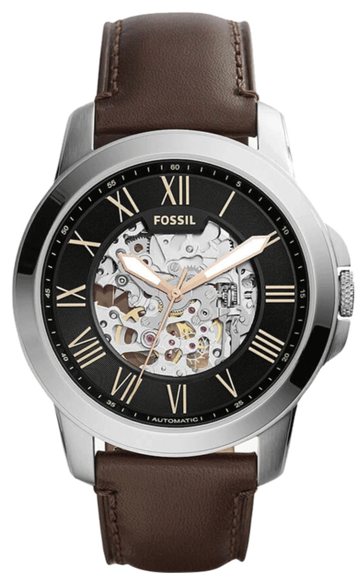 Fossil Grant Automatic Skeleton Black Dial Brown Leather Strap Watch for Men - ME3100