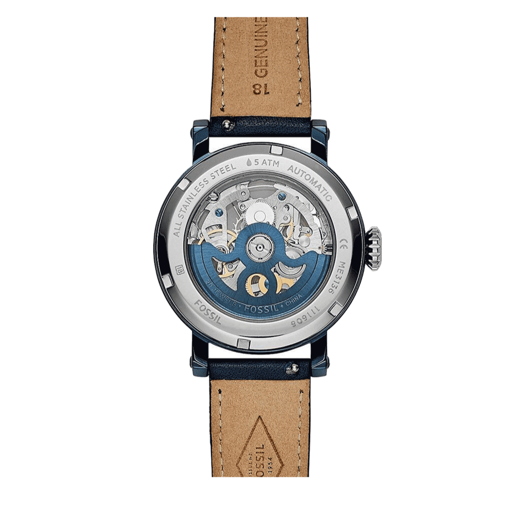 Fossil Boyfriend Skeleton Silver Dial Blue Leather Strap Watch for Women - ME3136