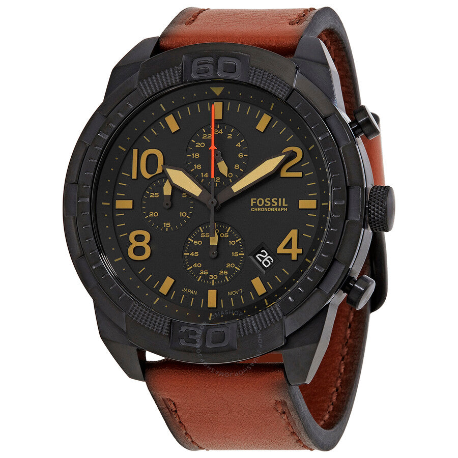 Fossil Bronson Black Dial Brown Leather Strap Watch for Men - FS5714