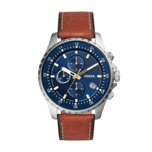 Fossil Dillinger Luggage Chronograph Blue Dial Brown Leather Strap Watch for Men - FS5675