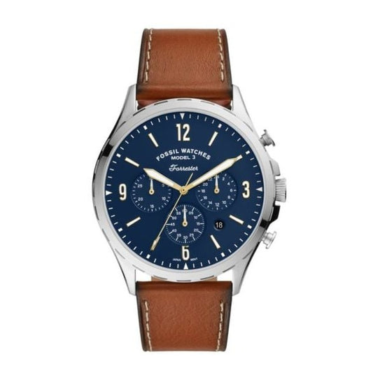 Fossil Forrester Chronograph Blue Dial Brown Leather Strap Watch for Men -  S5607