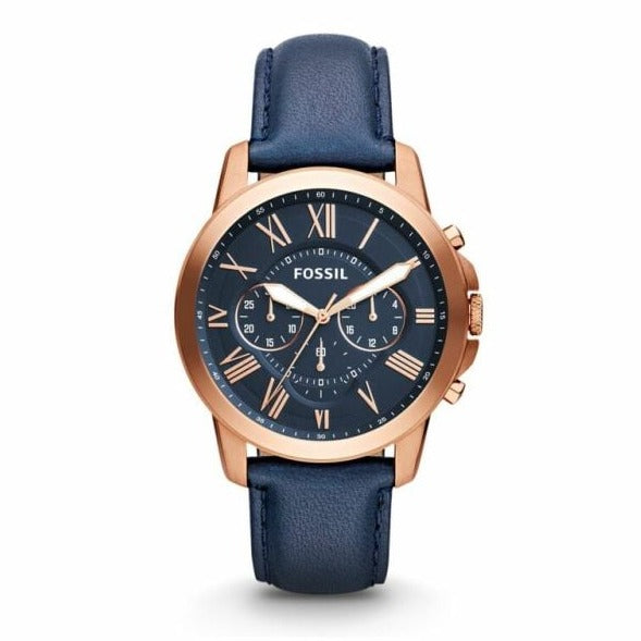 Fossil Grant Chronograph Blue Dial Blue Leather Strap Watch for Men - FS4835