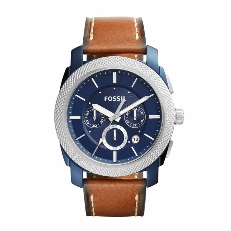 Fossil Machine Chronograph Blue Dial Brown Leather Strap Watch for Men - FS5232