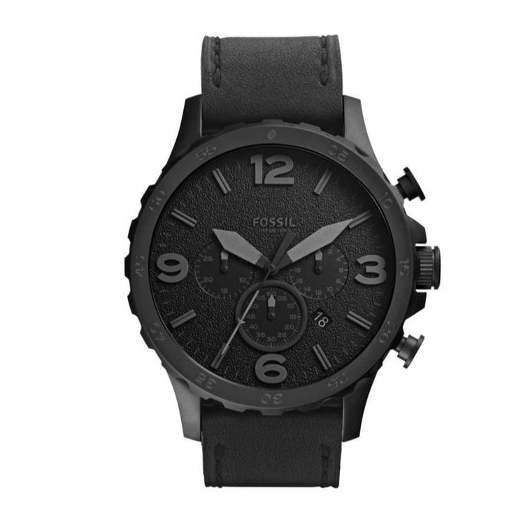 Fossil Nate Chronograph Black Dial Black Leather Strap Watch for Men - JR1354