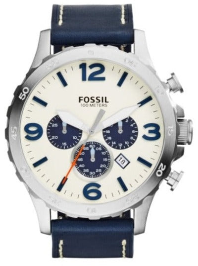 Fossil Nate Chronograph White Dial Blue Leather Strap Watch for Men - JR1480