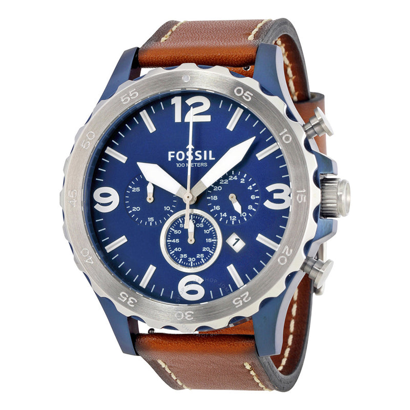 Fossil Nate Chronograph Blue Dial Brown Leather Strap Watch for Men - JR1504