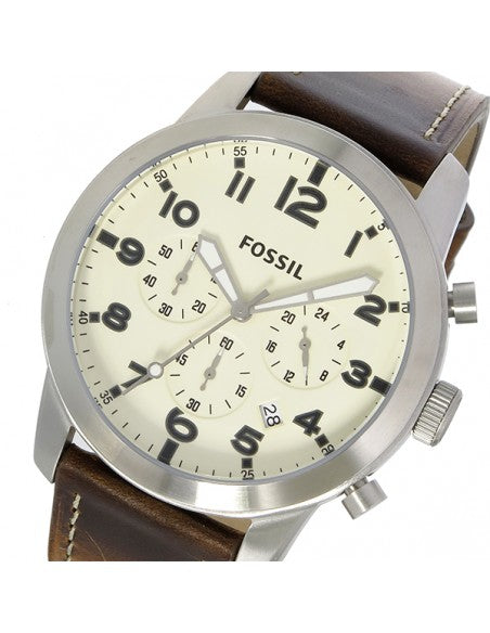 Fossil Pilot Chronograph White Dial Brown Leather Strap Watch for Men - FS5146