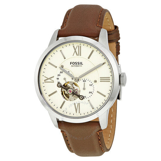 Fossil Townsman Automatic White Dial Brown Leather Strap Watch for Men - ME3064