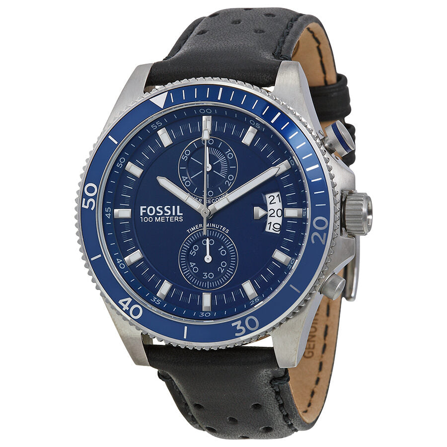 Fossil Wakefield Chronograph Blue Dial Black Leather Strap Watch for Women - CH2945