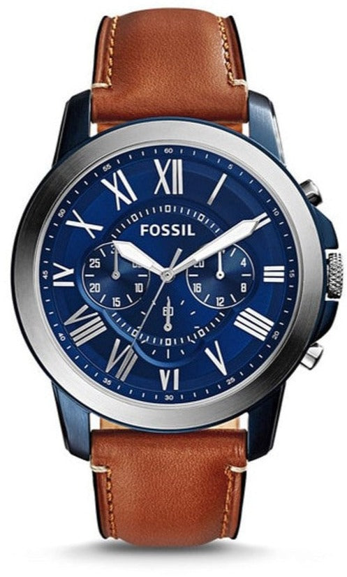 Fossil Grant Chronograph Blue Dial Brown Leather Strap Watch for Men - FS5151
