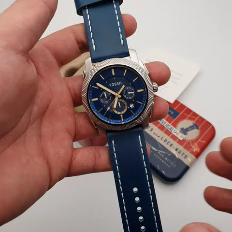 Fossil Machine Chronograph Blue Dial Blue Leather Strap Watch for Men - FS5262