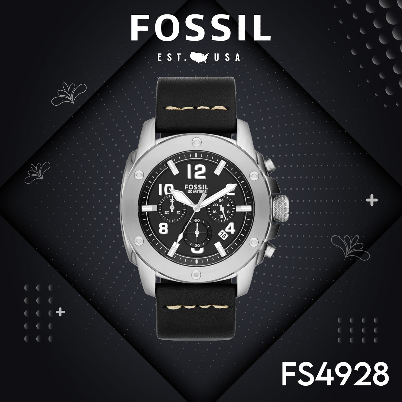 Fossil Modern Machine Chronograph Black Dial Black Leather Strap Watch for Men - FS4928