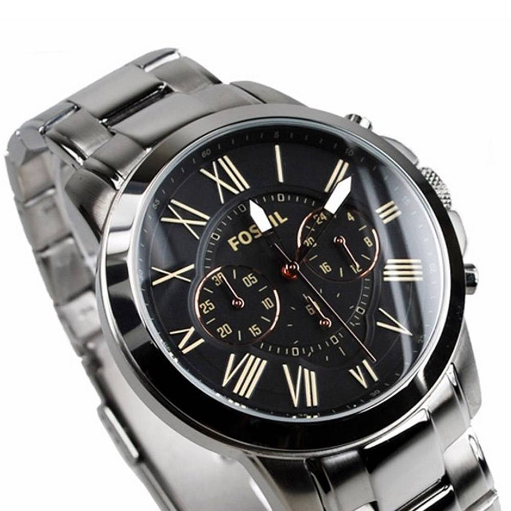 Fossil Grant Chronograph Black Dial Silver Steel Strap Watch for Men - FS4994