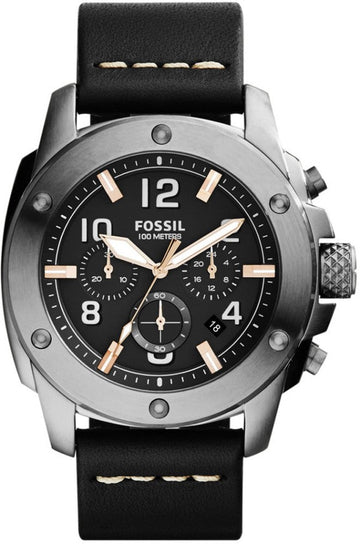 Fossil Modern Machine Chronograph Black Dial Black Leather Strap Watch for Men - FS4928