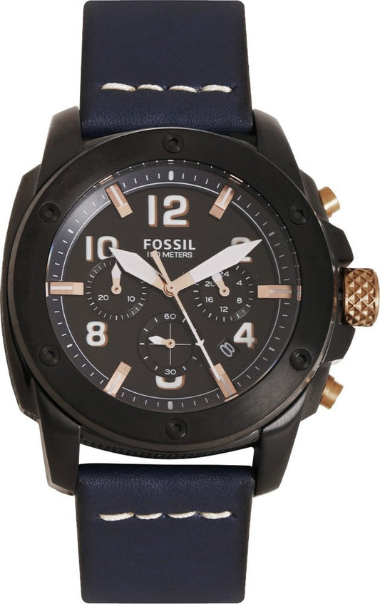 Fossil Modern Machine Chronograph Black Dial Blue Leather Strap Watch for Men - FS5066