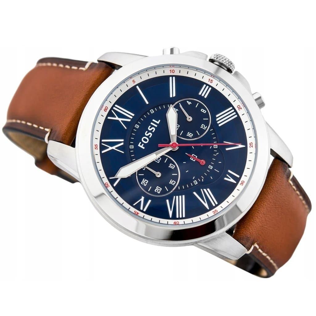 Fossil Grant Chronograph Blue Dial Brown Leather Strap Watch for Men - FS5210