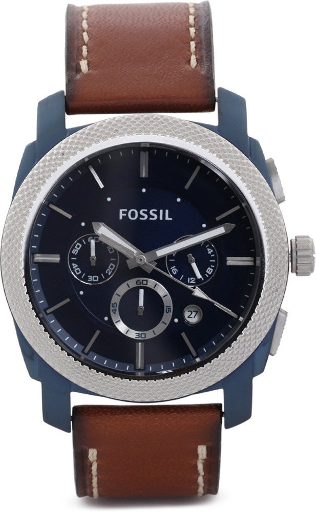 Fossil Machine Chronograph Blue Dial Brown Leather Strap Watch for Men - FS5232