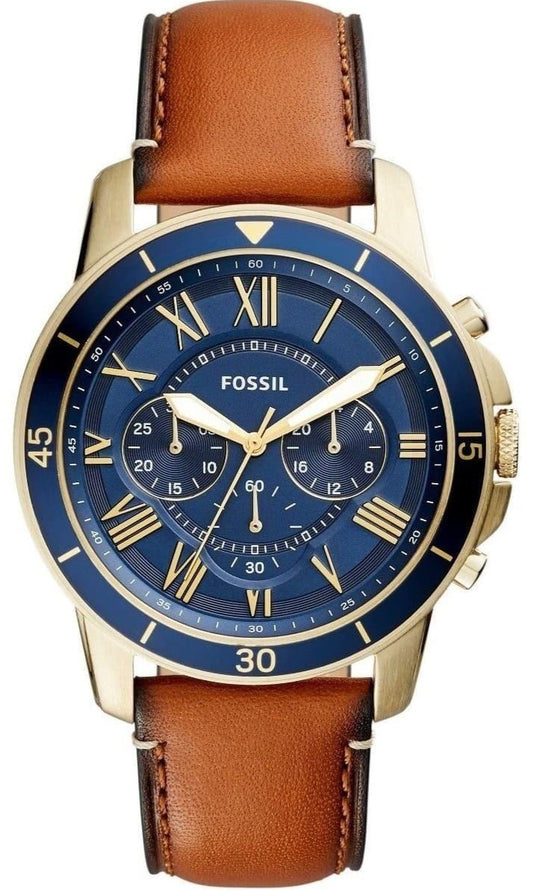 Fossil Grant Sport Chronograph Blue Dial Brown Leather Strap Watch for Men - FS5268