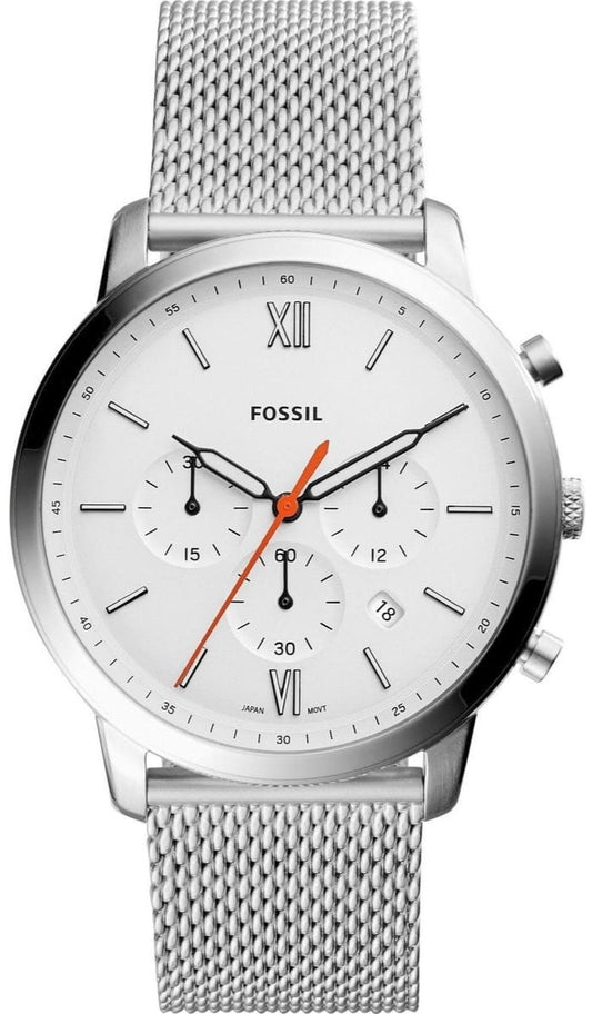 Fossil Neutra Chronograph White Dial Silver Mesh Bracelet Watch for Men - FS5382