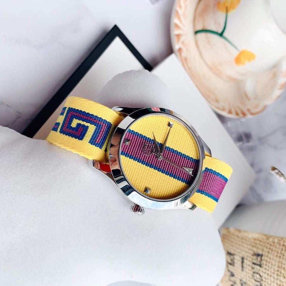 Gucci G Timeless Quartz Yellow & Purple Dial Yellow & Purple NATO Strap Watch For Men - YA1264069