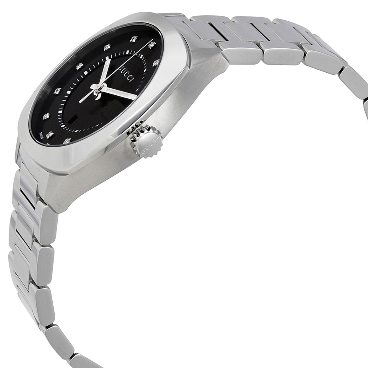 Gucci GG2570 Quartz Diamonds Black Dial Silver Steel Strap Watch For Women - YA142404