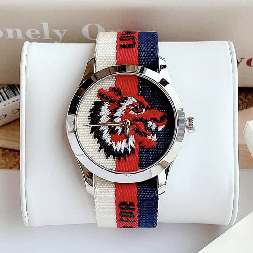 Gucci G Timeless Quartz White Red Blue Dial Multicolored NATO Strap Watch For Men - YA1264059