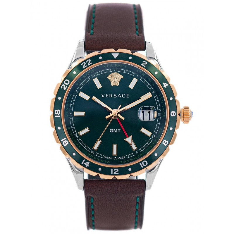 Versace Hellenyium Green Dial Brown Leather Strap Watch for Men - V11090017