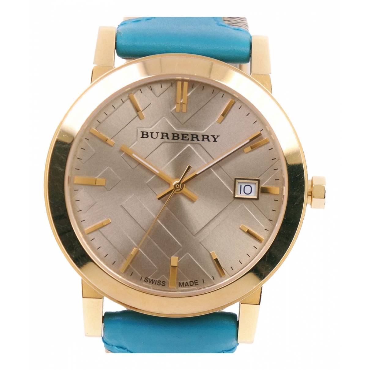 Burberry The City Gold Dial Turquoise Leather Strap Watch for Women - BU9018