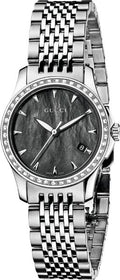 Gucci G Timeless Diamonds Mother of Pearl Black Dial Silver Mesh Bracelet Watch For Women - YA126507