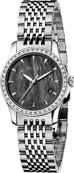 Gucci G Timeless Diamonds Mother of Pearl Black Dial Silver Mesh Bracelet Watch For Women - YA126507