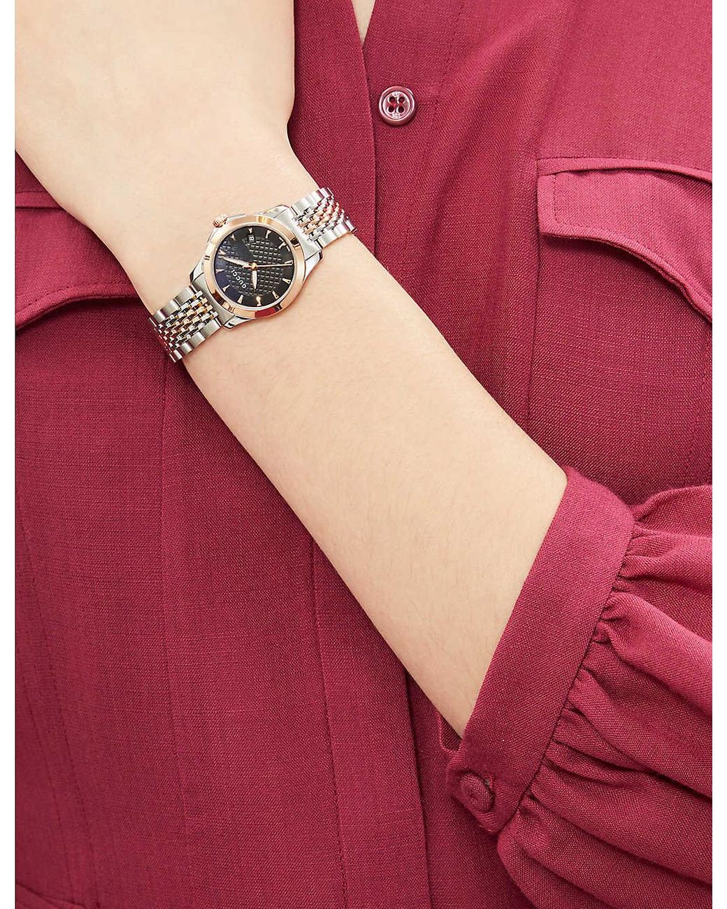 Gucci G Timeless Quartz Black Dial Two Tone Mesh Bracelet Watch For Women - YA126512