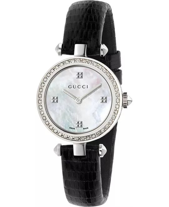 Gucci Diamantissima Diamonds Mother of Pearl Dial Black Leather Strap Watch For Women - YA141511