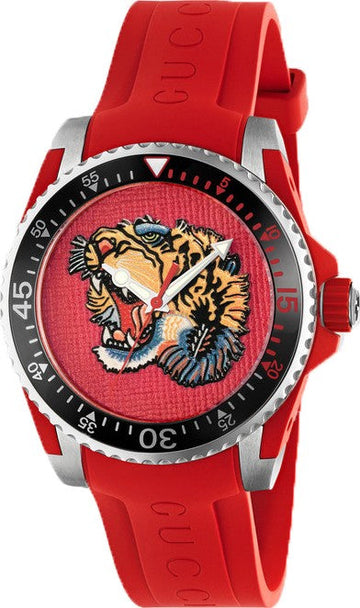 Gucci Dive Tiger Red Dial Red Rubber Strap Watch For Men - YA136315